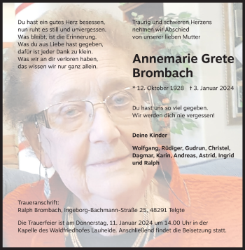 Anzeige von Annemarie Grete Brombach 