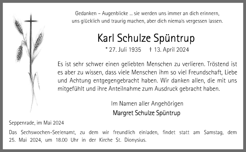  Traueranzeige für Karl Schulze Spüntrup vom 18.05.2024 aus 