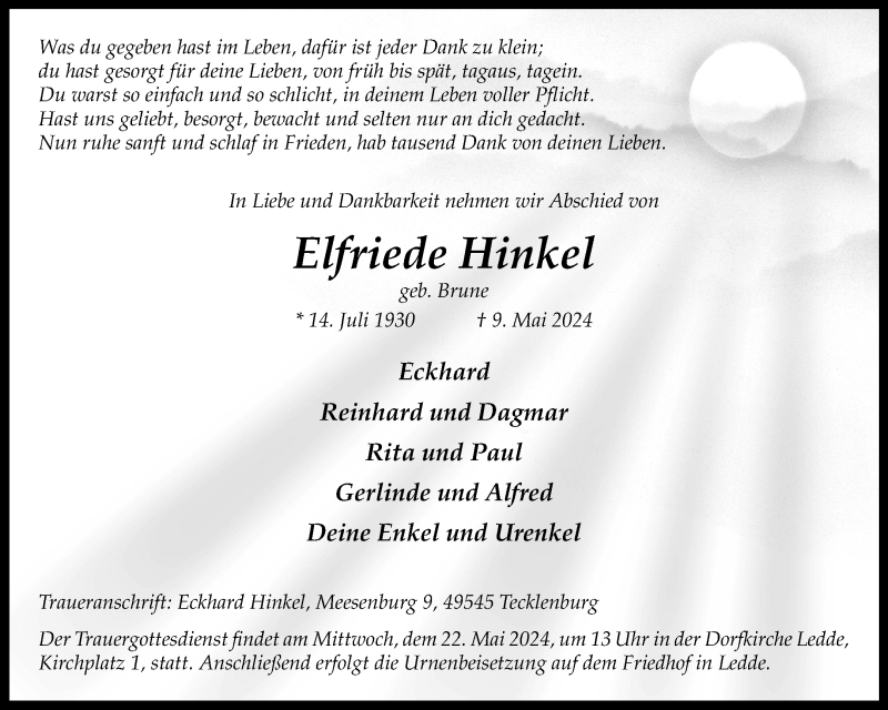  Traueranzeige für Elfriede Hinkel vom 18.05.2024 aus 