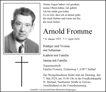 Anzeige von Arnold Fromme 