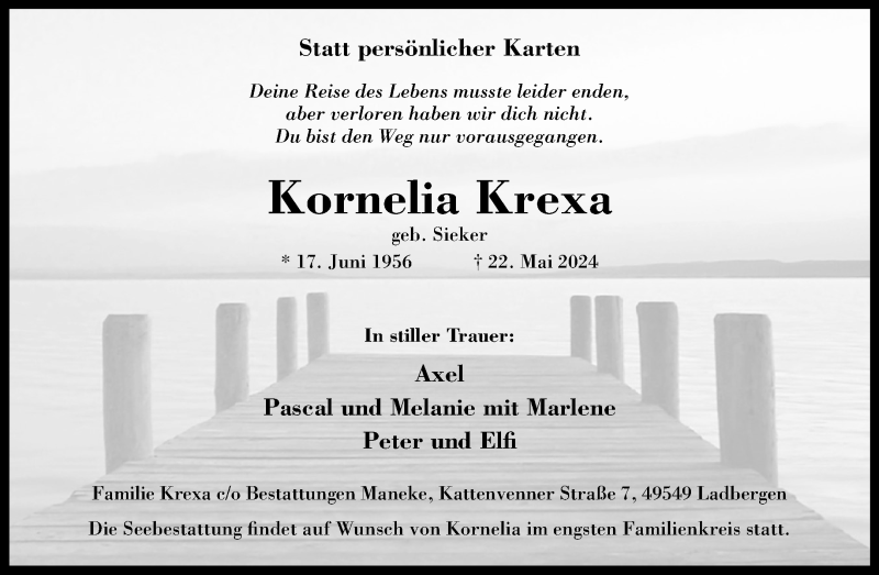  Traueranzeige für Kornelia Krexa vom 28.05.2024 aus 