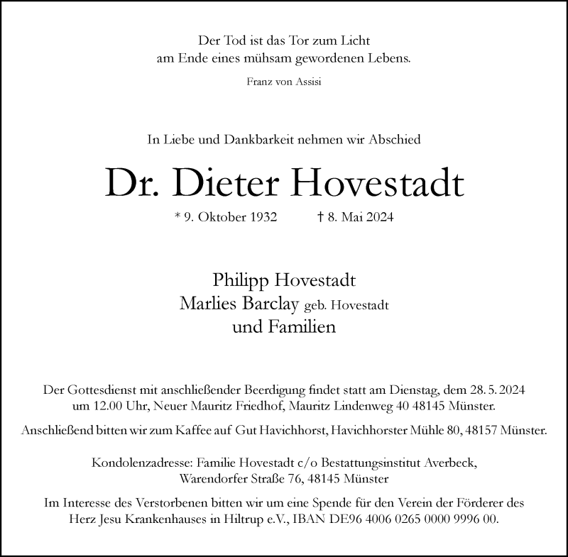  Traueranzeige für Dr. Dieter Hovestadt vom 25.05.2024 aus 