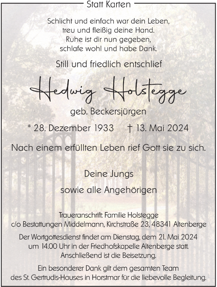  Traueranzeige für Hedwig Holstegge vom 18.05.2024 aus 