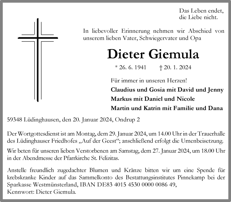  Traueranzeige für Dieter Giemula vom 25.01.2024 aus 