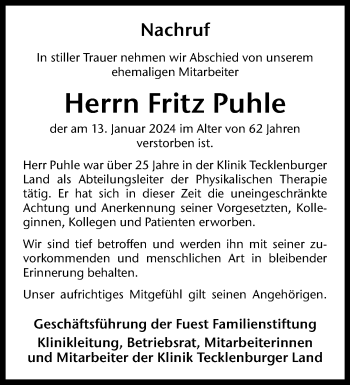 Anzeige von Fritz Puhle 