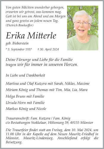 Anzeige von Erika Mitterle 