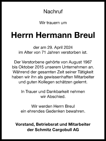 Anzeige von Hermann Breul 