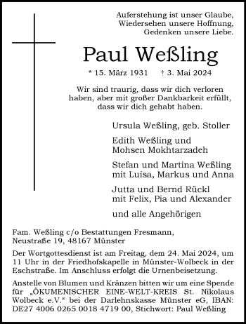 Anzeige von Paul Weßling 