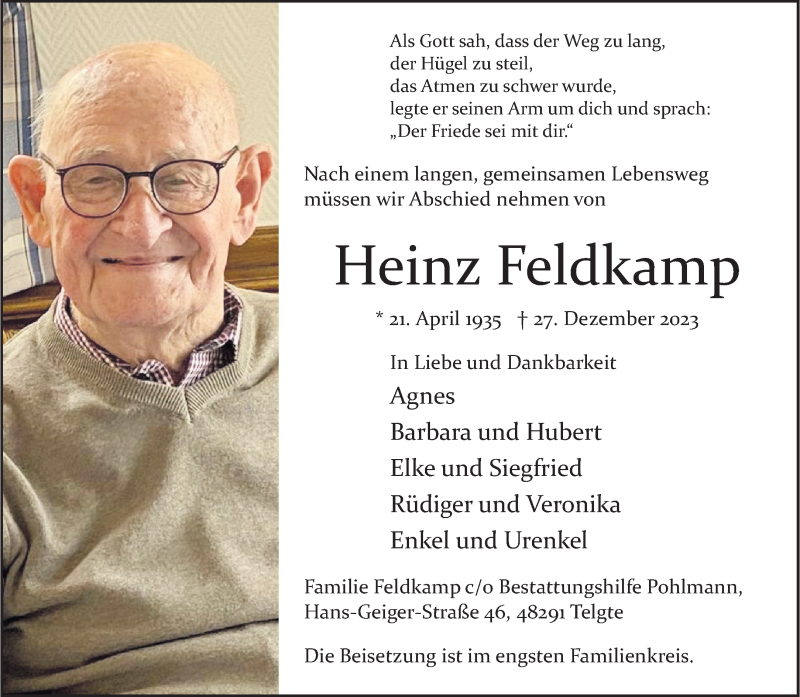  Traueranzeige für Heinz Feldkamp vom 13.01.2024 aus 