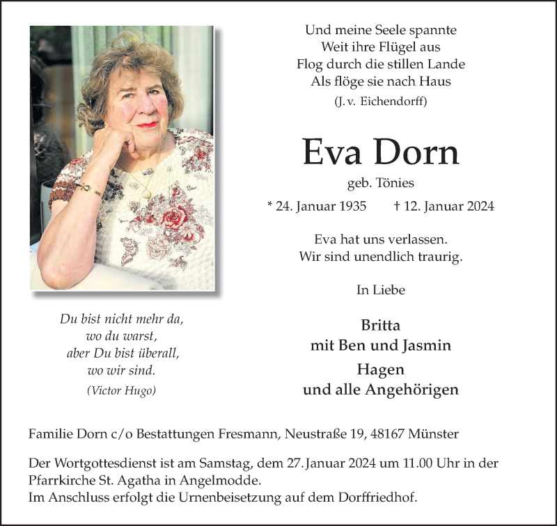 Traueranzeige für Eva Dorn vom 20.01.2024 aus 