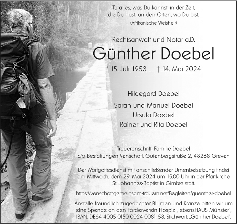  Traueranzeige für Günther Doebel vom 25.05.2024 aus 
