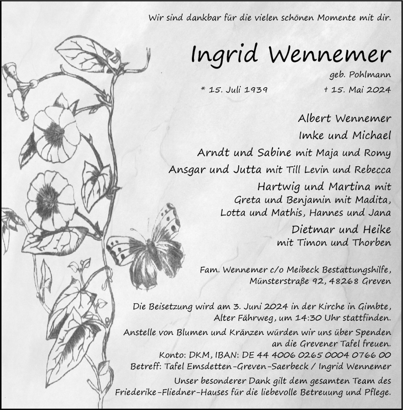  Traueranzeige für Ingrid Wennemer vom 25.05.2024 aus 