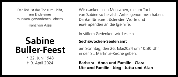 Anzeige von Sabine Buller-Feest 