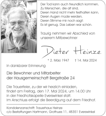 Anzeige von Dieter Heinze 