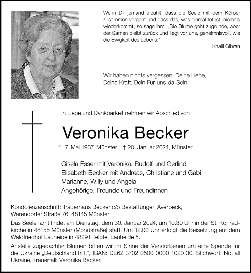  Traueranzeige für Veronika Becker vom 27.01.2024 aus 
