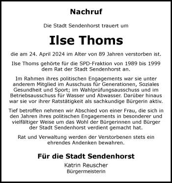 Anzeige von Ilse Thoms 