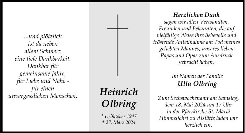  Traueranzeige für Heinrich Olbring vom 11.05.2024 aus 