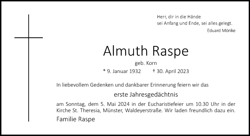  Traueranzeige für Almuth Raspe vom 04.05.2024 aus 