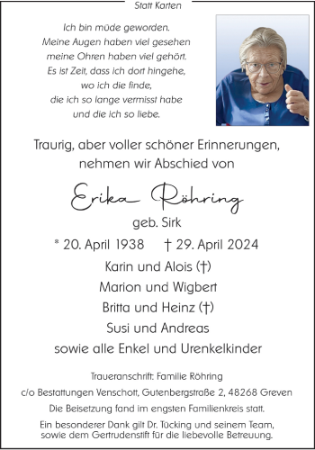 Anzeige von Erika Röhring 