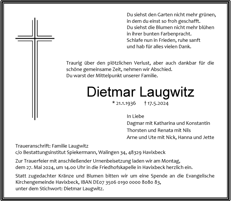  Traueranzeige für Dietmar Laugwitz vom 25.05.2024 aus 