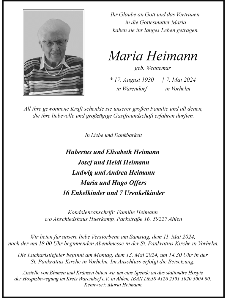  Traueranzeige für Maria Heimann vom 11.05.2024 aus 