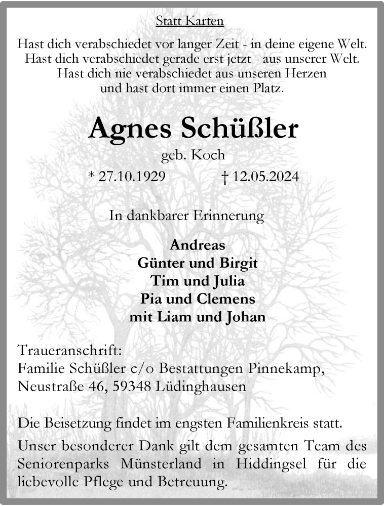  Traueranzeige für Agnes Schüßler vom 18.05.2024 aus 