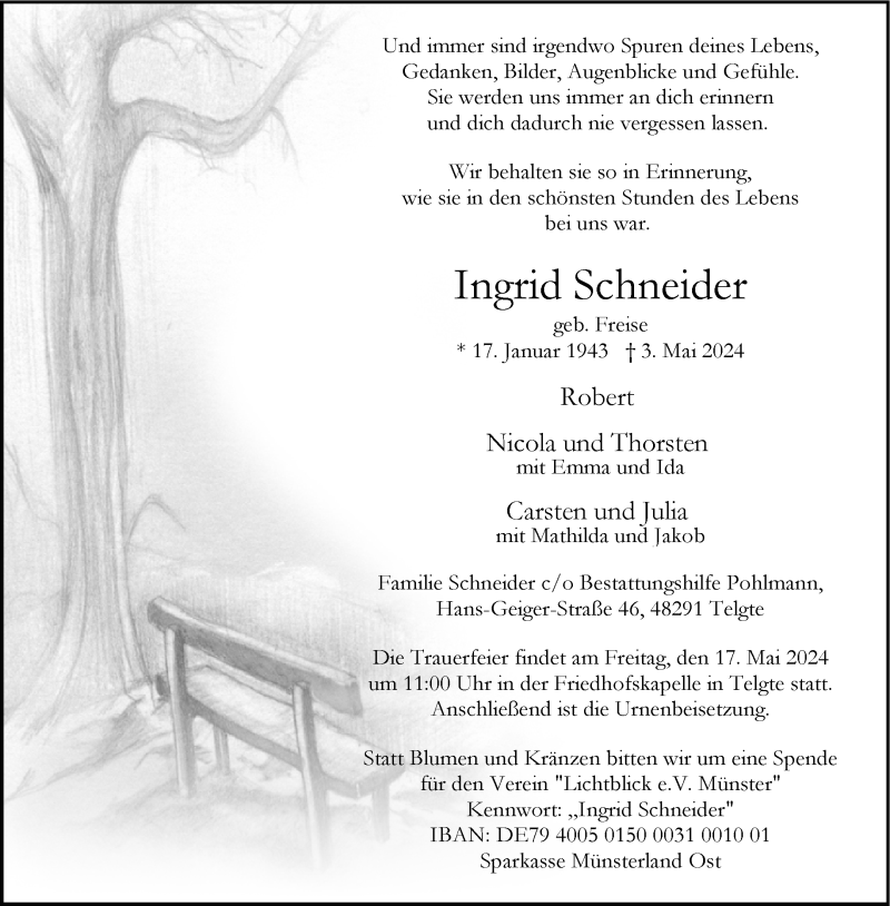  Traueranzeige für Ingrid Schneider vom 11.05.2024 aus 