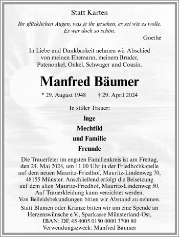 Anzeige von Manfred Bäumer 