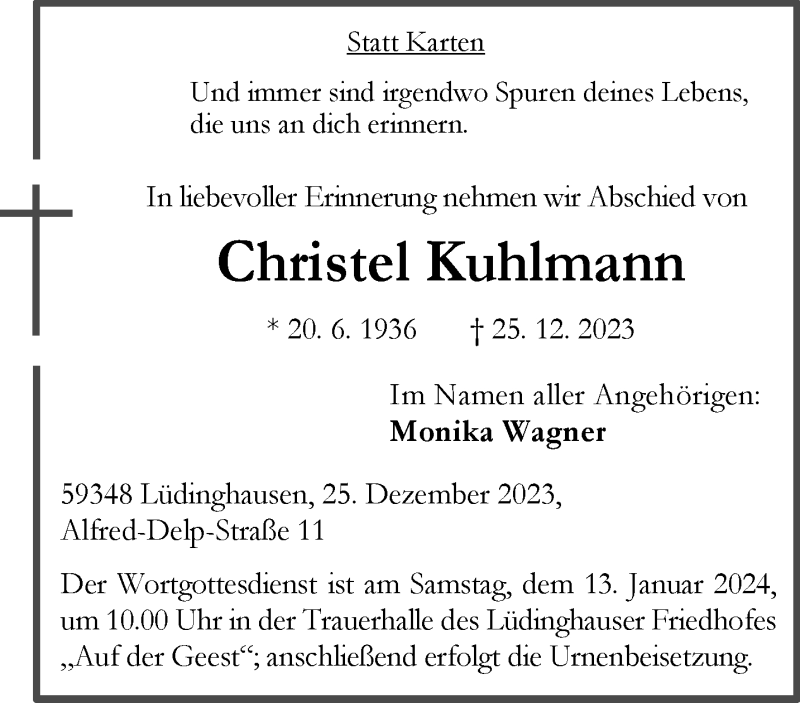  Traueranzeige für Christel Kuhlmann vom 06.01.2024 aus 