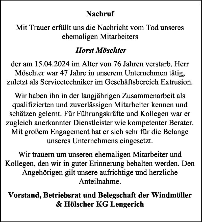  Traueranzeige für Horst Möschter vom 03.05.2024 aus 