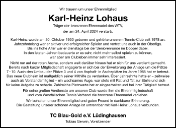 Anzeige von Karl-Heinz Lohaus 