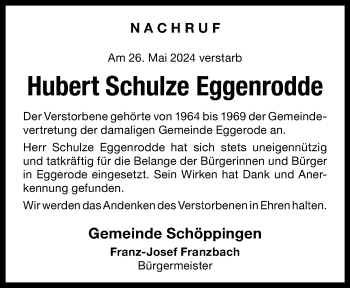 Anzeige von Hubert Schulze Eggenrodde 