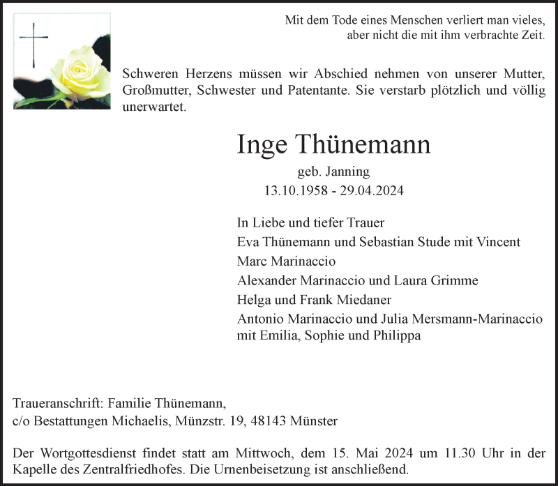  Traueranzeige für Inge Thünemann vom 04.05.2024 aus 