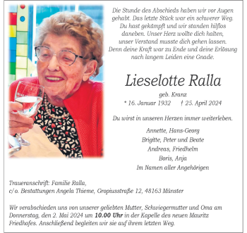 Anzeige von Lieselotte Ralla 