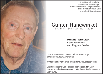 Anzeige von Günter Hanewinkel 