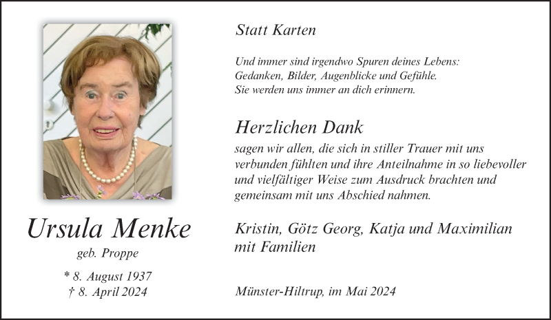  Traueranzeige für Ursula Menke vom 18.05.2024 aus 