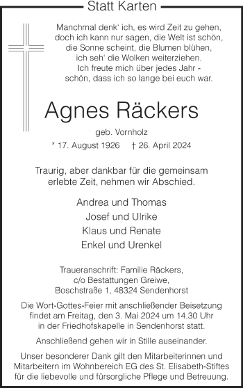 Anzeige von Agnes Räckers 