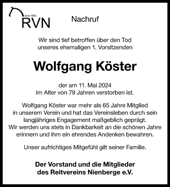 Anzeige von Wolfgang Köster 