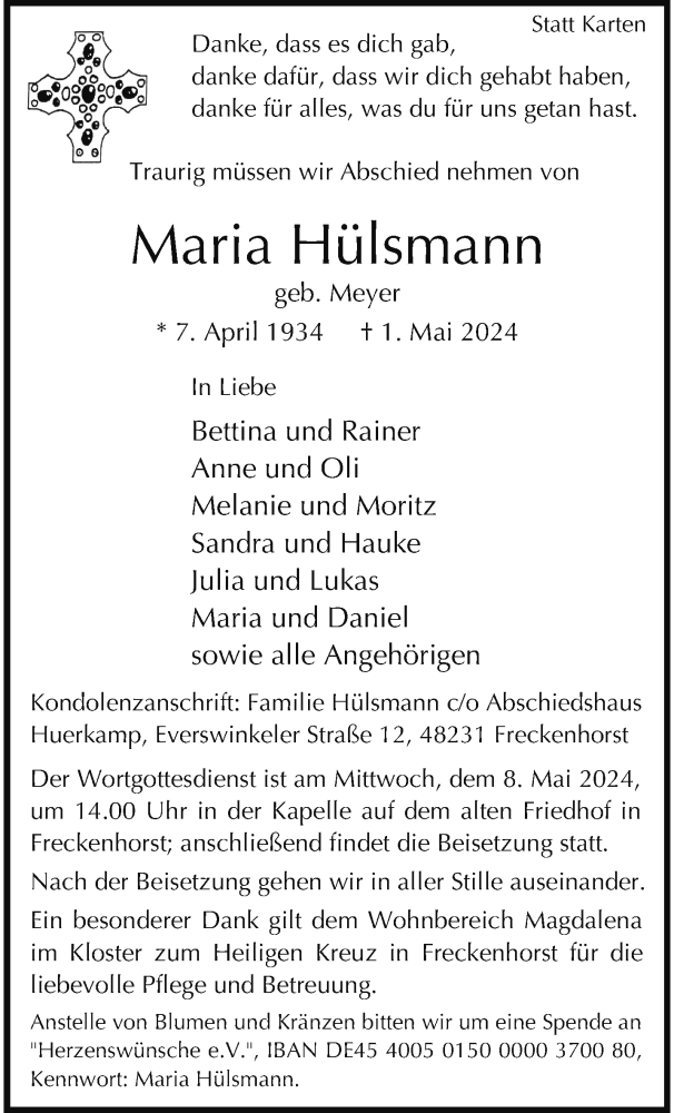  Traueranzeige für Maria Hülsmann vom 04.05.2024 aus 