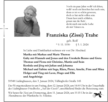 Anzeige von Franziska Trahe 