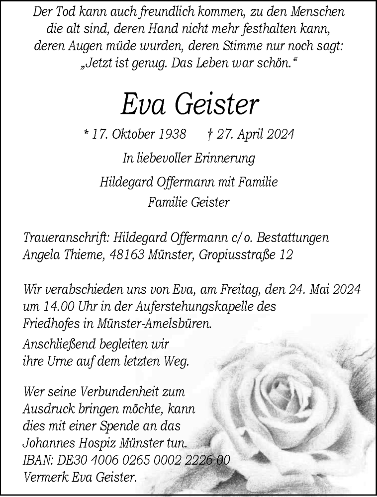  Traueranzeige für Eva Geister vom 18.05.2024 aus 