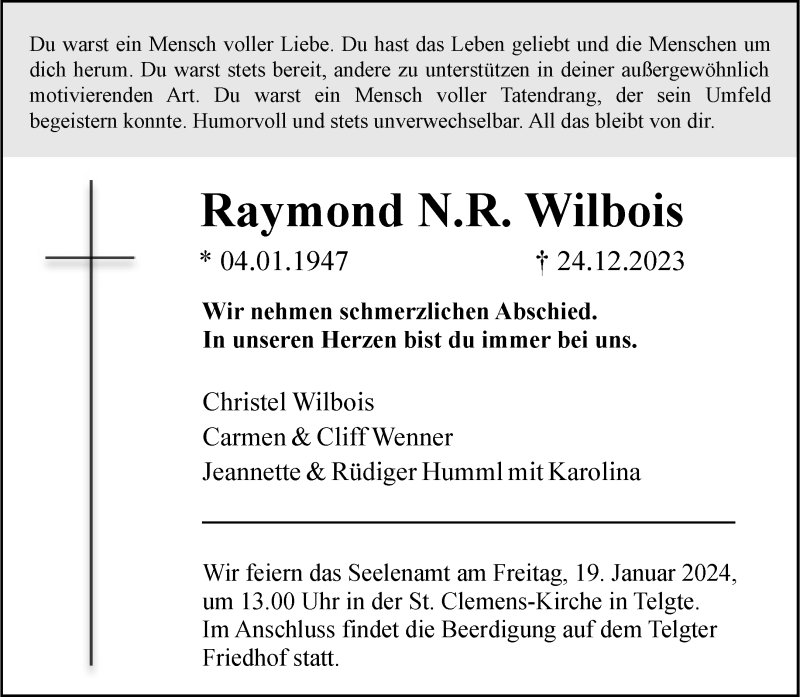  Traueranzeige für Raymond N.R. Wilbois vom 13.01.2024 aus 