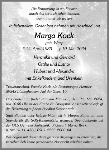 Anzeige von Marga Kock 