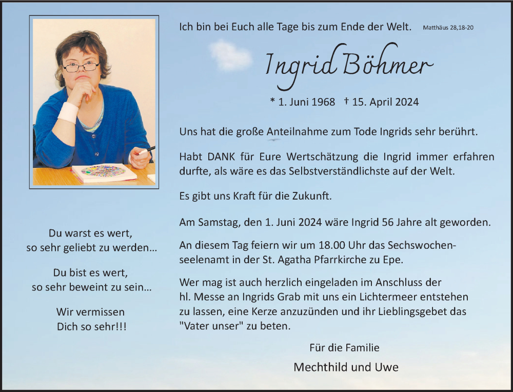  Traueranzeige für Ingrid Böhmer vom 25.05.2024 aus Westfälische Nachrichten