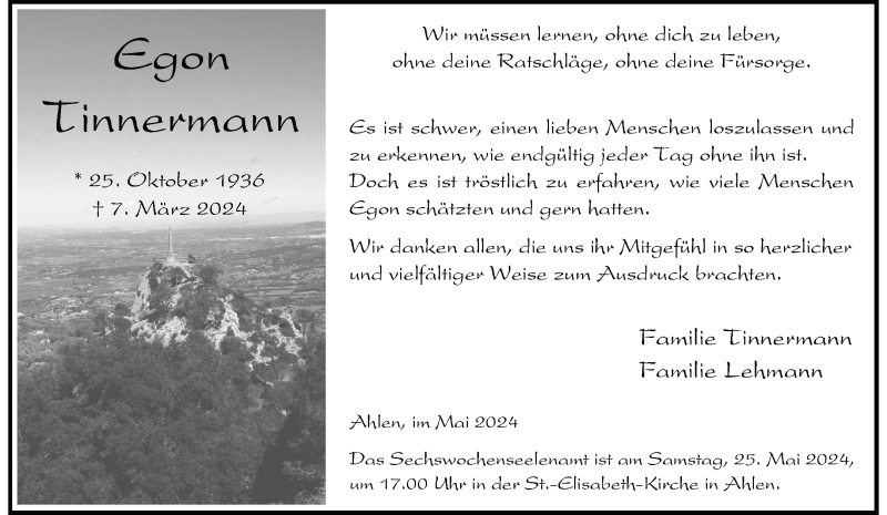  Traueranzeige für Egon Tinnermann vom 18.05.2024 aus 