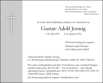 Anzeige von Gustav-Adolf Joswig 