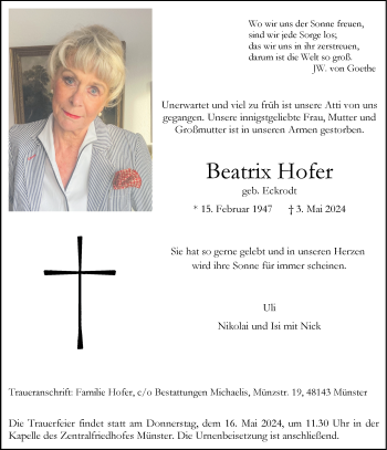Anzeige von Beatrix Hofer 