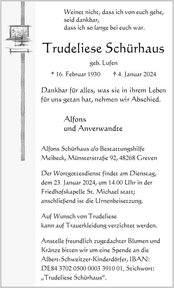  Traueranzeige für Trudeliese Schürhaus vom 20.01.2024 aus 