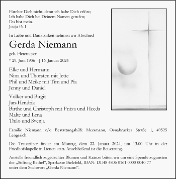 Anzeige von Gerda Niemann 
