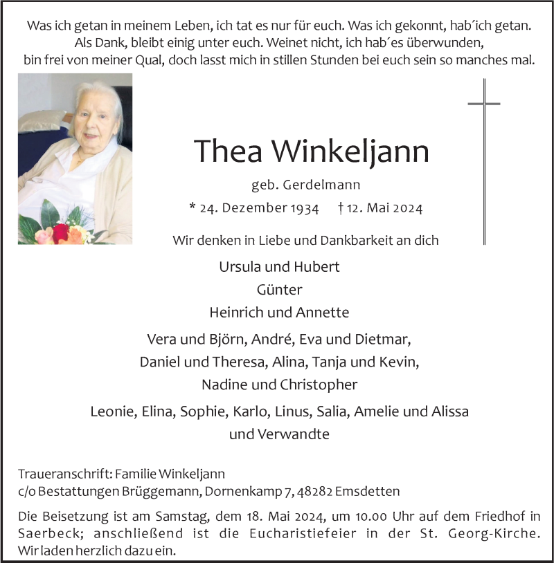  Traueranzeige für Thea Winkeljann vom 15.05.2024 aus 